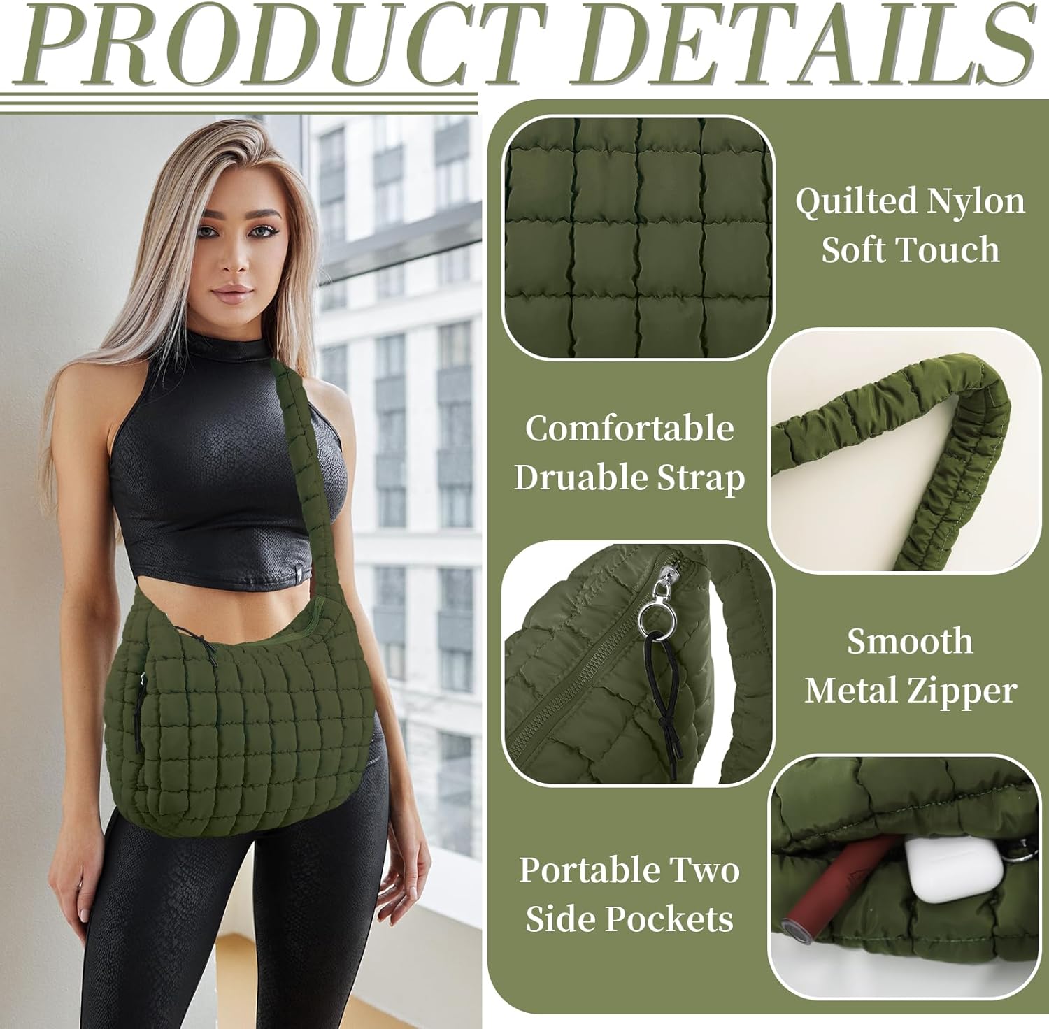izuzta Quilted Puffer Tote Bag for Women Large Crossbody Bag Lightweight Nylon Puffy Quilted Carryall Hobo Puff Shoulder Bag - Image 4