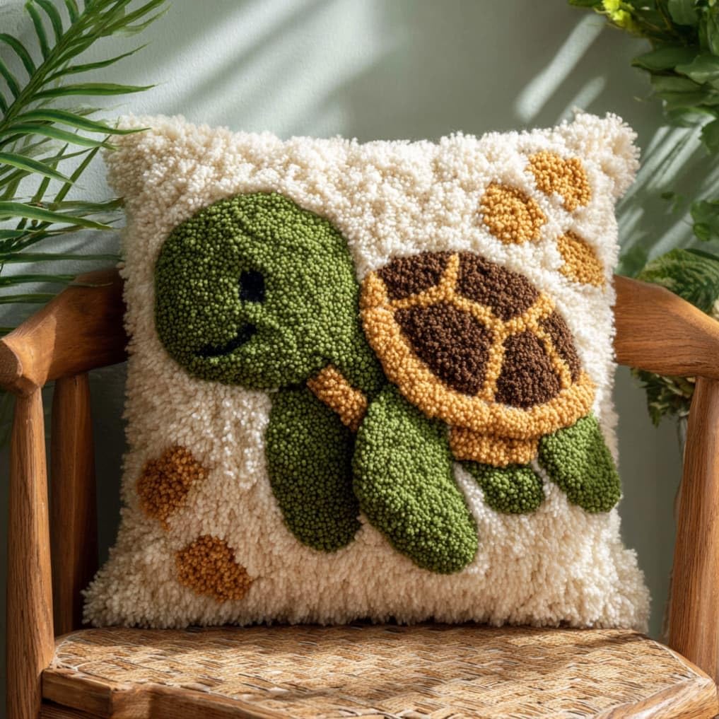 WallustrioaW Latch Hook Pillow Case Kits,Tortoise 17X17 Inch Latch Hook Cushion Cover Kit,Knitting Kits Cushion for Adults Rug Making Kit for Starters