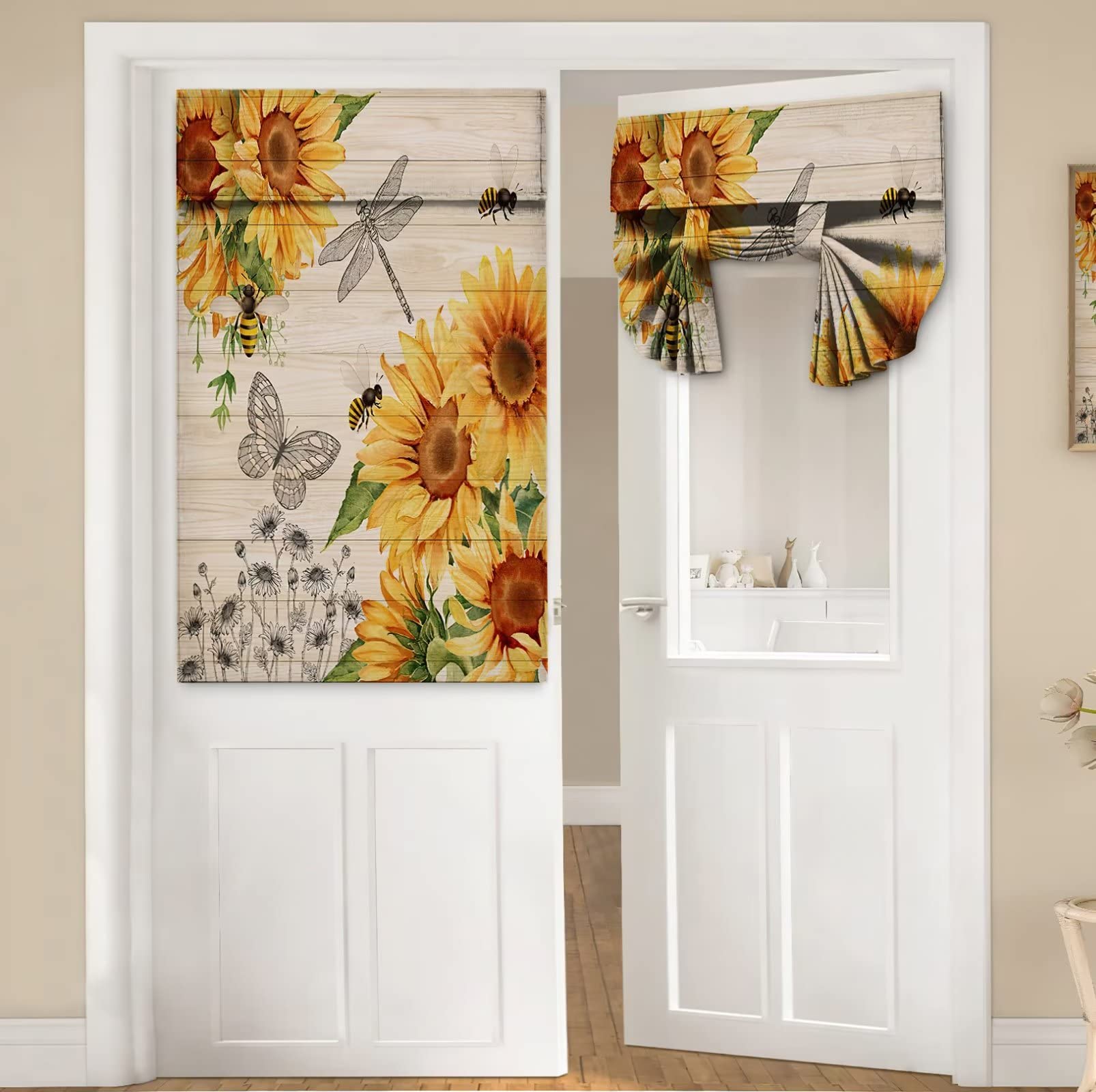 Sunflower Window Curtains for French Glass Door, Privacy Thermal Insulated Tie Up Shades, Watercolor Floral Rustic Wooden Small Curtains 26 x 40 inch