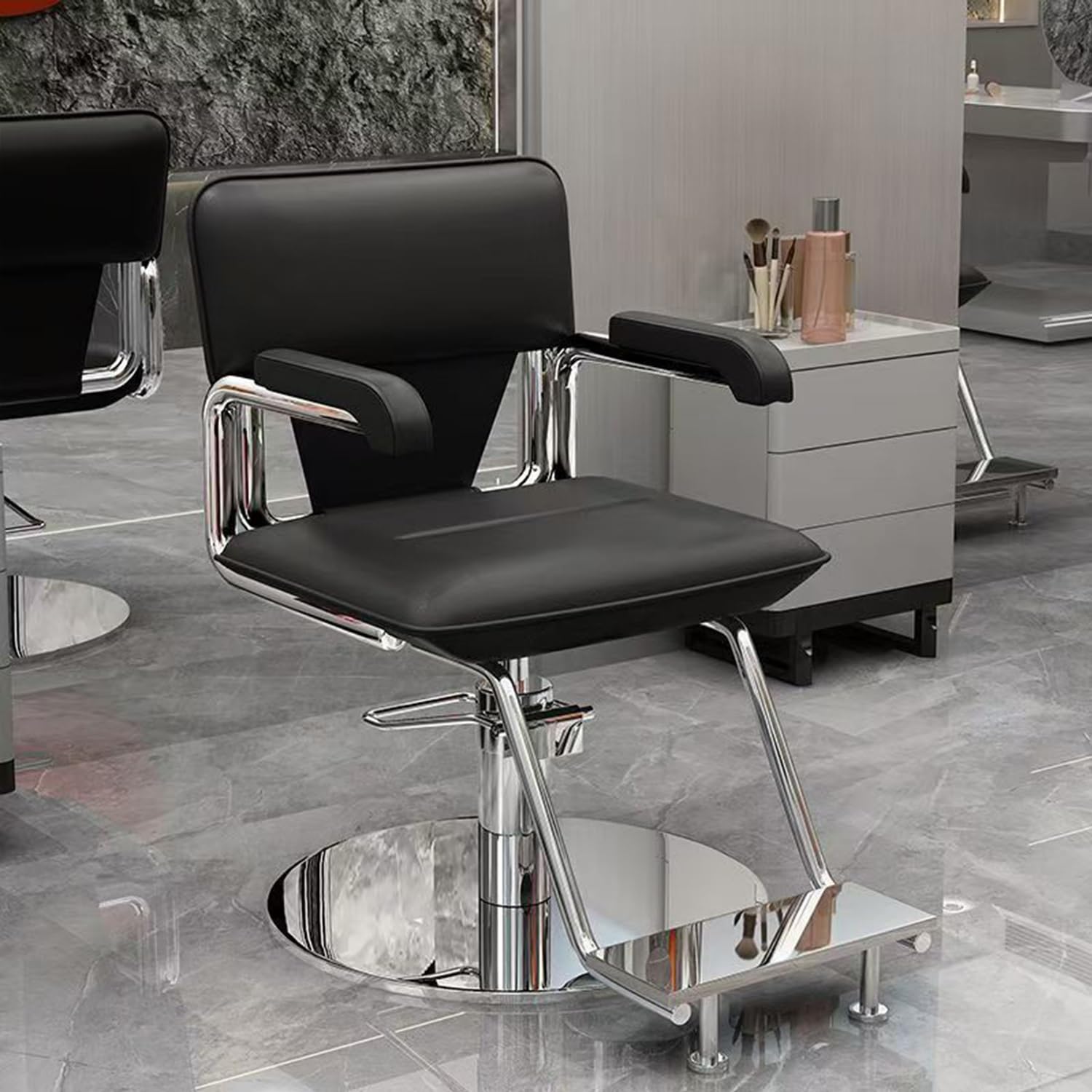 Sillón de peluquería para estilistas con Asiento Ancho, rotación de 360°, hidráulico, Totalmente Forrado en Cuero, de Acero Inoxidable con reposapiés para barbería(B)