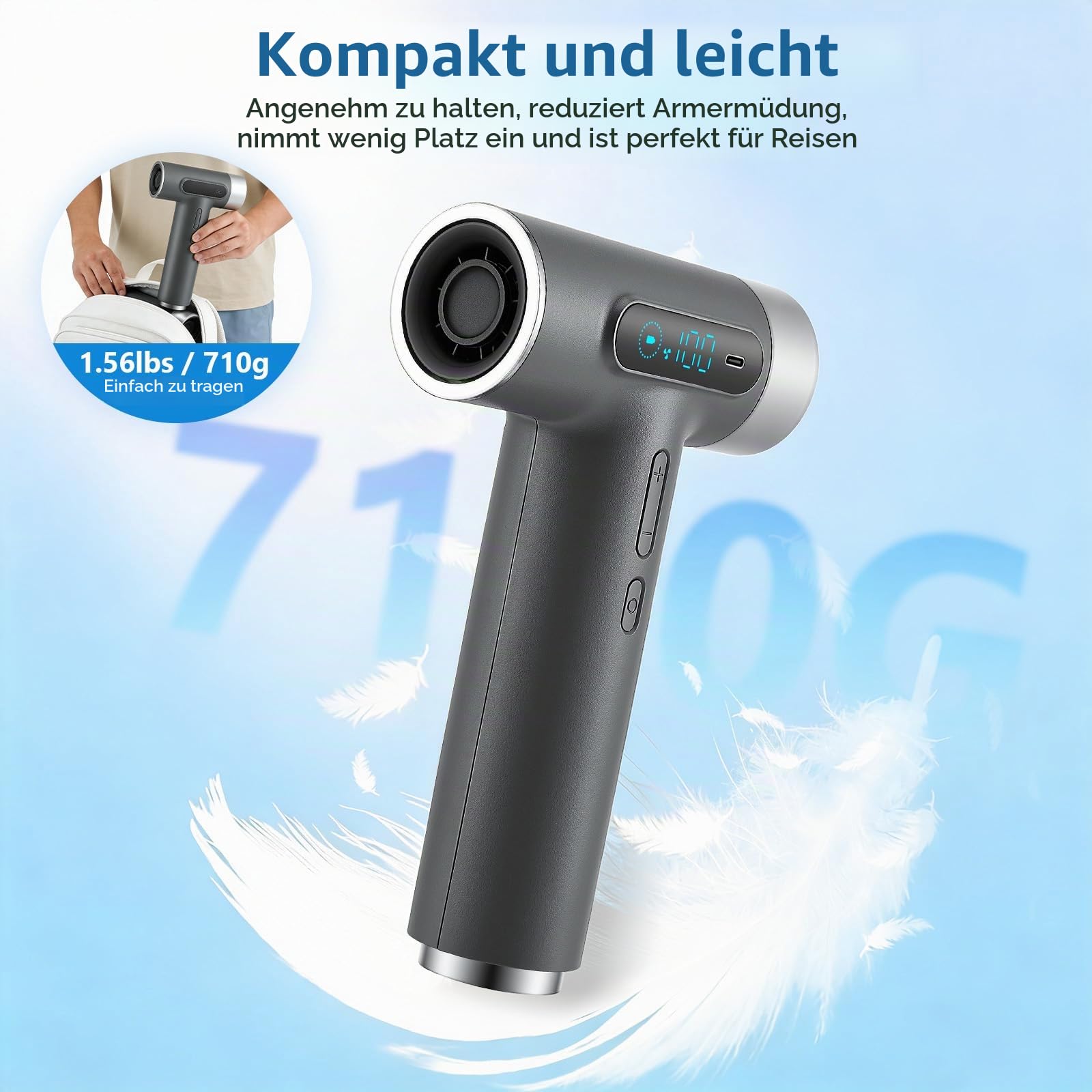 Akku Föhn Kabellos mit 27000mAh & 100 Stufen, Wiederaufladbarer Haartrockner mit 10W U/min Motor, Tragbarer Fön für Reise Camping Zuhause – 18W USB-C Schnellladung