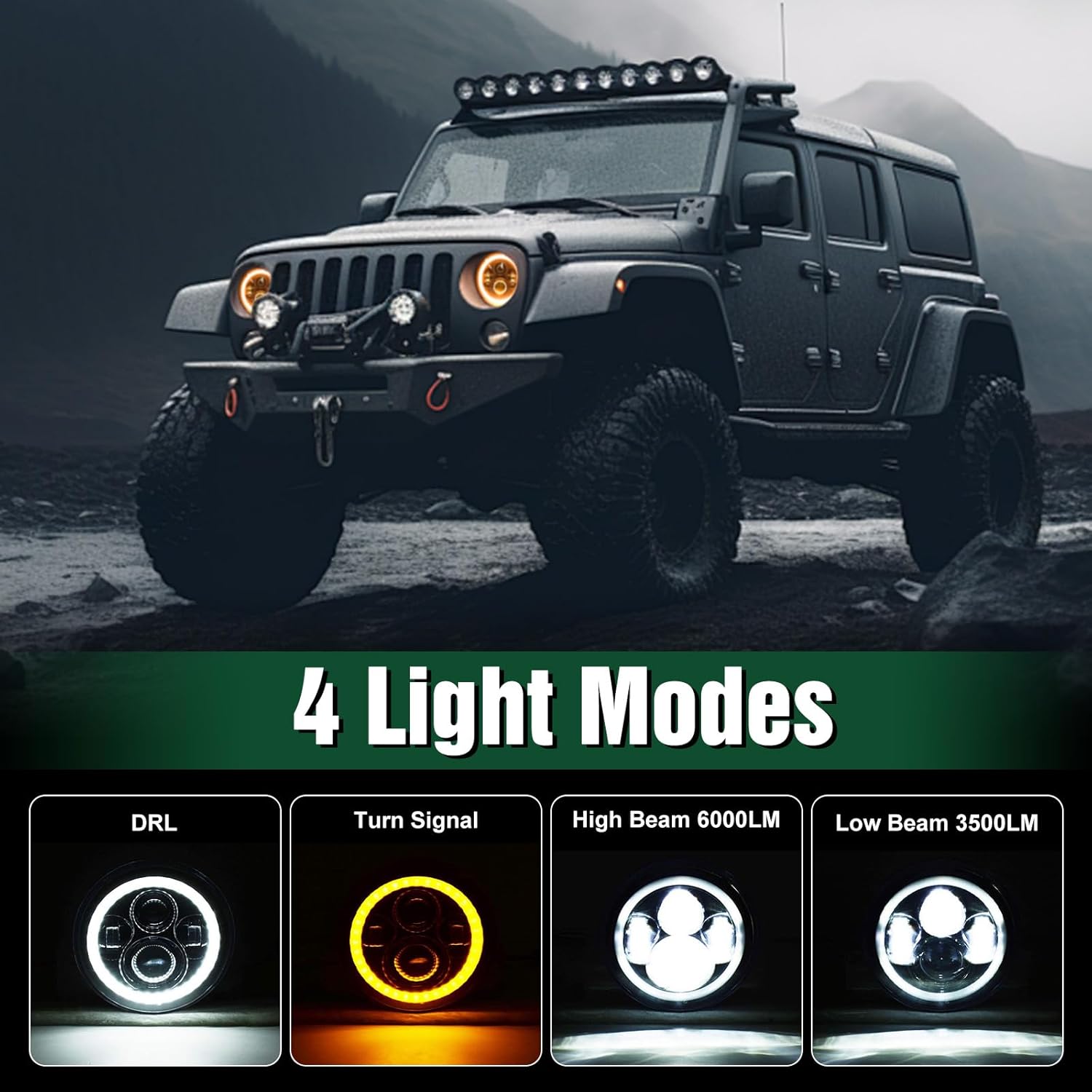 7 Inch Led Headlight, 60W Round Headlight with DRL/Turn Signal Lights/High Beam/Low Beam, Compatible with Jeep Wrangler TJ JK CJ with H4 to H13 Adapter, 2PCS
