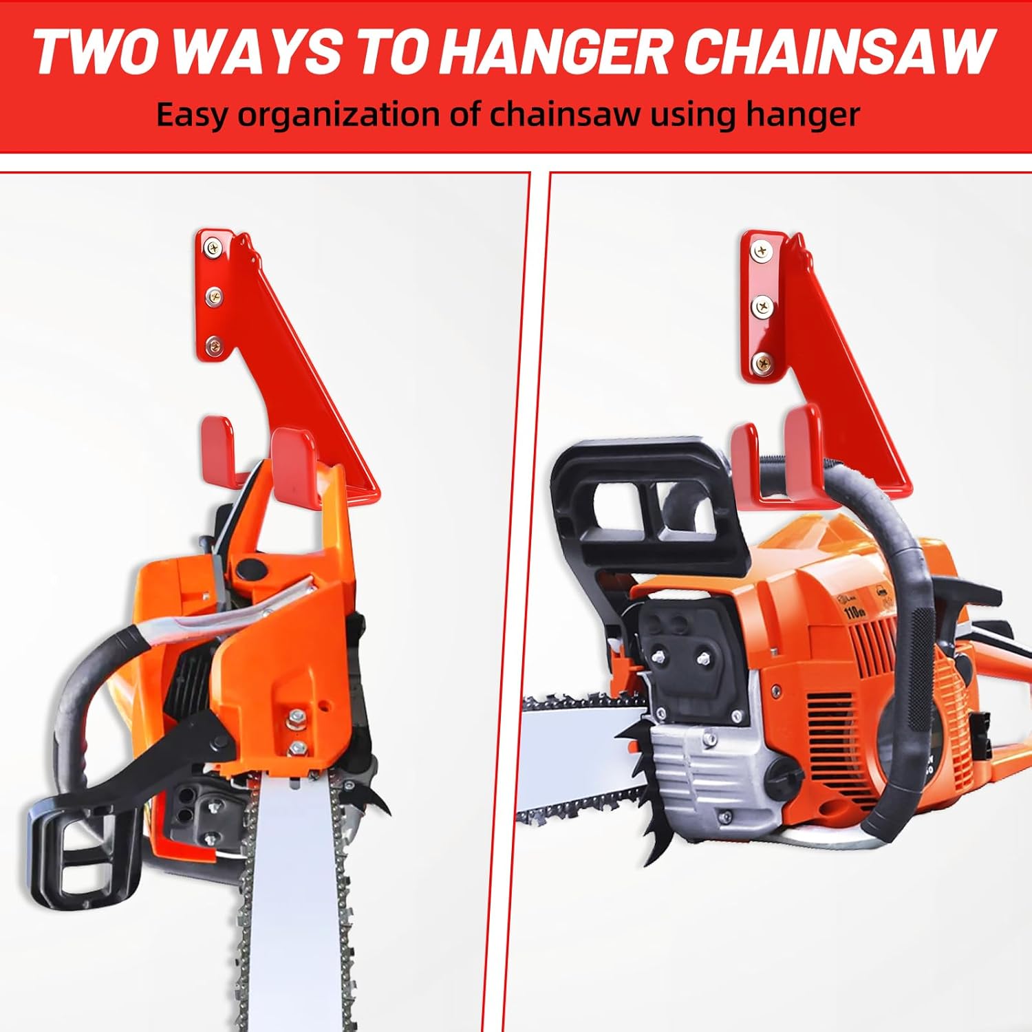 Chainsaw Holder Wall Mount Chainsaw Hanger, Heavy Duty Chainsaw Rack Storage Hook for Garage Organizer, Durable Chainsaw Accessories and Tools for Shed Garage Organization (2 Pack, Red)