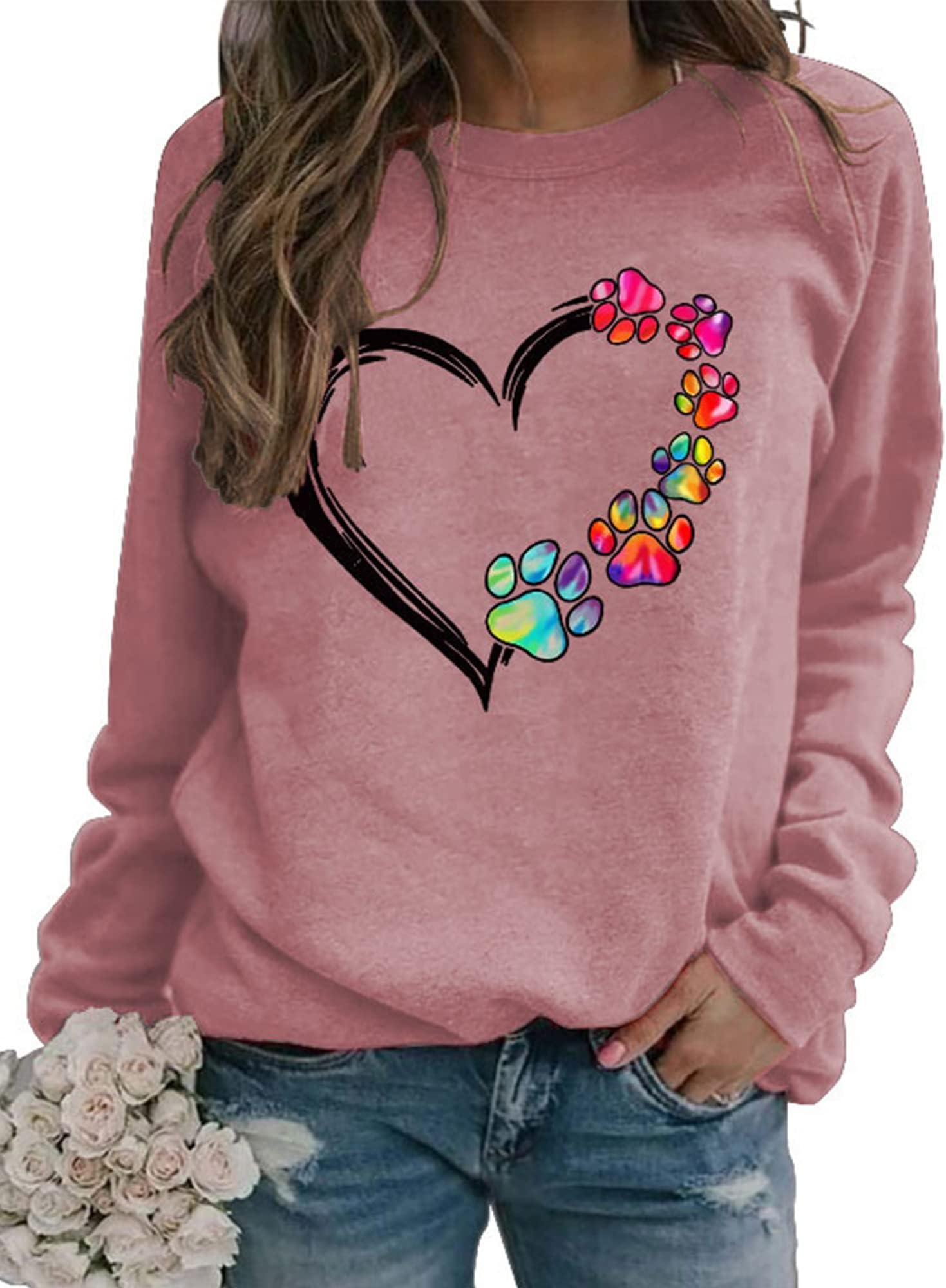 DINGJIUYANSweatshirts for Women UK Love Heart Print Autumn Winter Long Sleeve Pullover Round Neck Plain Tunic Tops Casual Loose Cute Sweatshirt