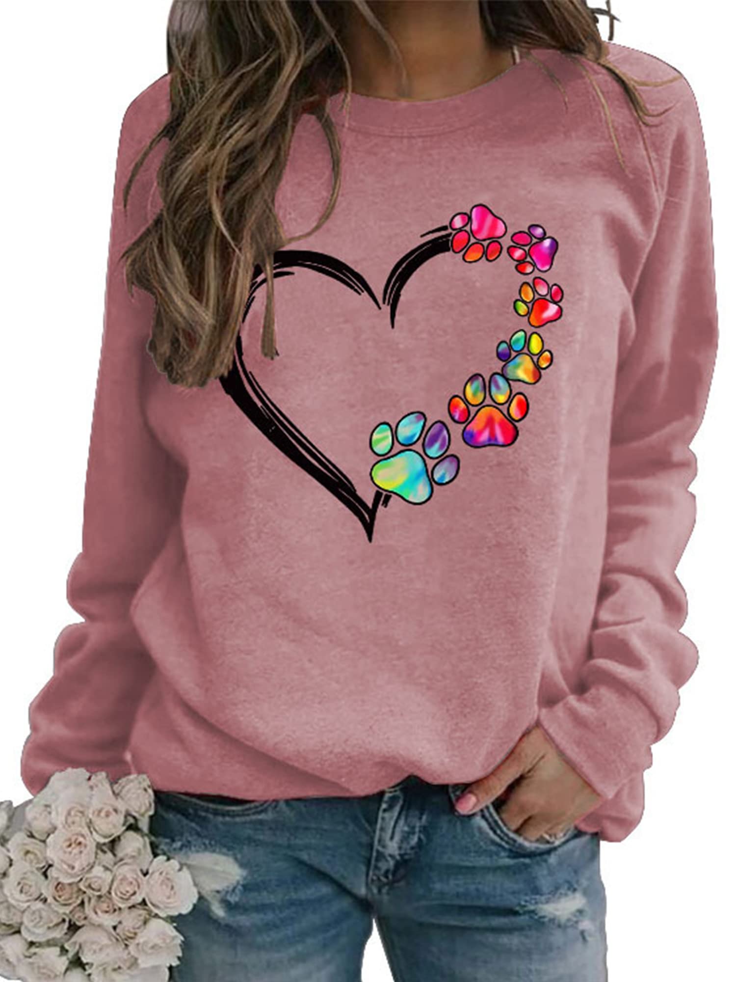 DINGJIUYANSweatshirts for Women UK Love Heart Print Autumn Winter Long Sleeve Pullover Round Neck Plain Tunic Tops Casual Loose Cute Sweatshirt