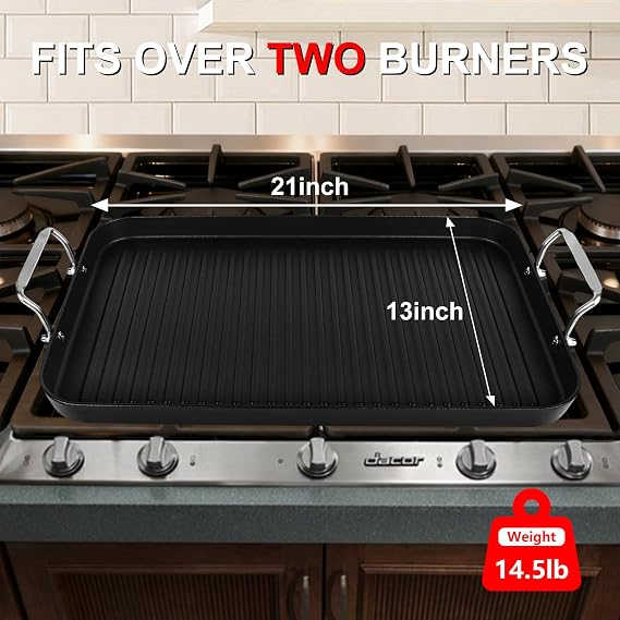 21 x 13 Cast Iron Double Burner Griddle, Non-Stick Stovetop Griddle Pan | Ribbed Surface Stove Top Grill Pan with Stainless Steel Handle, Oven Safe for Gas Electric Stove, BBQ Camping
