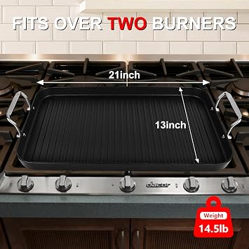 21 x 13 Cast Iron Double Burner Griddle, Non-Stick Stovetop Griddle Pan | Ribbed Surface Stove Top Grill Pan with Stainless Steel Handle, Oven Safe for Gas Electric Stove, BBQ Camping