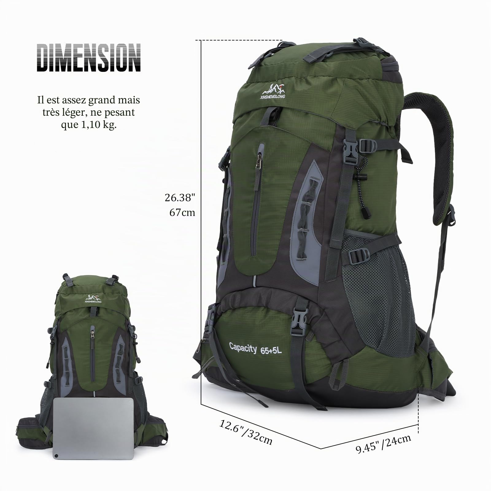 Sac à dos de randonnée imperméable 70 l avec housse de pluie Grand sac à dos de voyage pour camping, marche, escalade