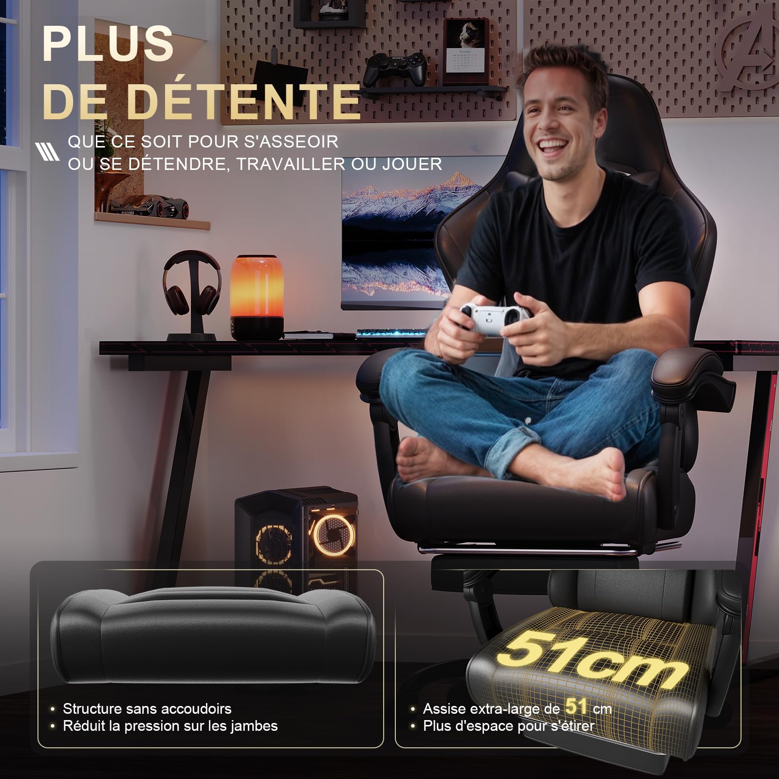 TRIUMPHKEY Chaise de Jeu Ergonomique avec Massage Lombaire, Fauteuil Gaming, Repose-Pieds Rétractable, Dossier Réglable, Confort Quotidien, Gaming et Bureau, Noir