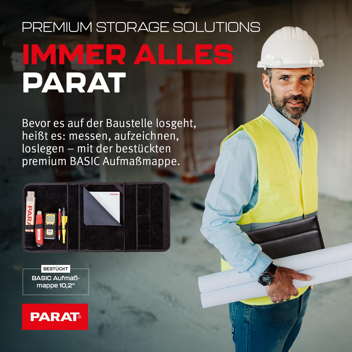 PARAT BASIC Aufmaßmappe 10,2" bestückt | Messmappe mit Laserentfernungsmesser, Zollstock & Tabletfach | Aufmaß-Set für Handwerk & Bau | Werkzeugmappe aus Kunstleder | sofort einsatzbereit