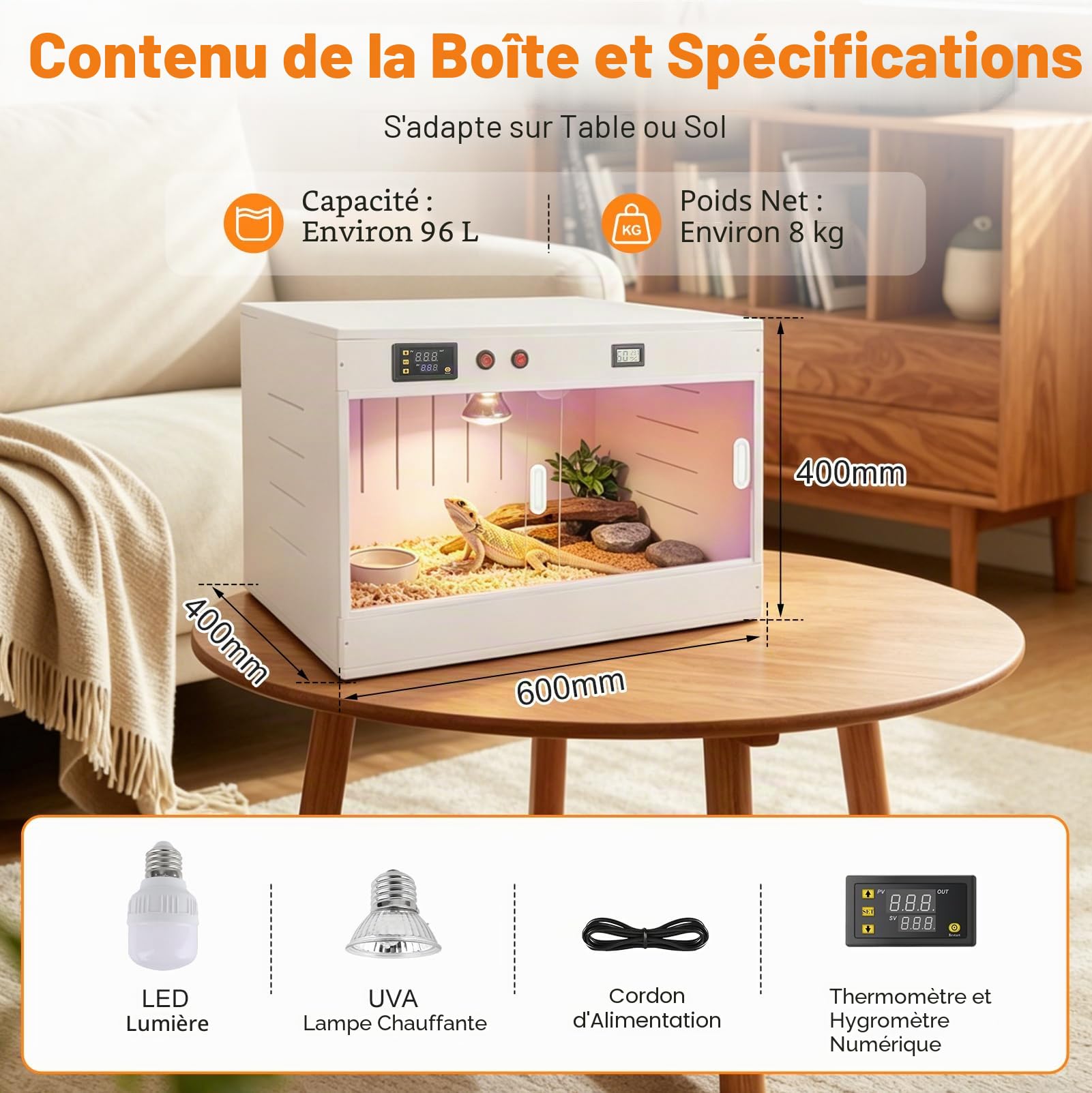 Boîte d'Éleveuse Poussin, Incubateur Couveuse Poussin, Cage a Poule de 96 L, avec Éclairage/Lampe Chauffante UVA et Porte Coulissante, pour Lézards, Geckos, Hamsters, Canards et Autres Petits Animaux