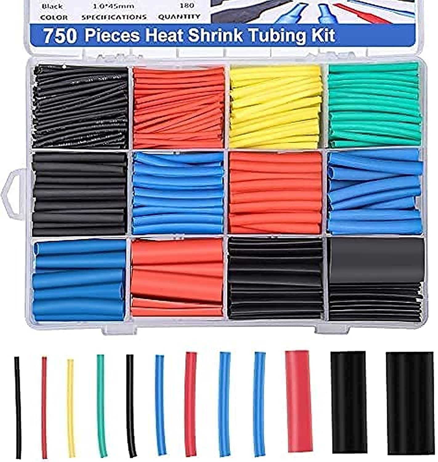 Arabest 750 Pieces Heat Shrink Tubing, Electric Insulation Heat Shrink Wrap Cable Sleeve, Cable Insulated Sleeving Tubes, Shrink Ratio 2: 1, 5 Colors, 12 Sizes