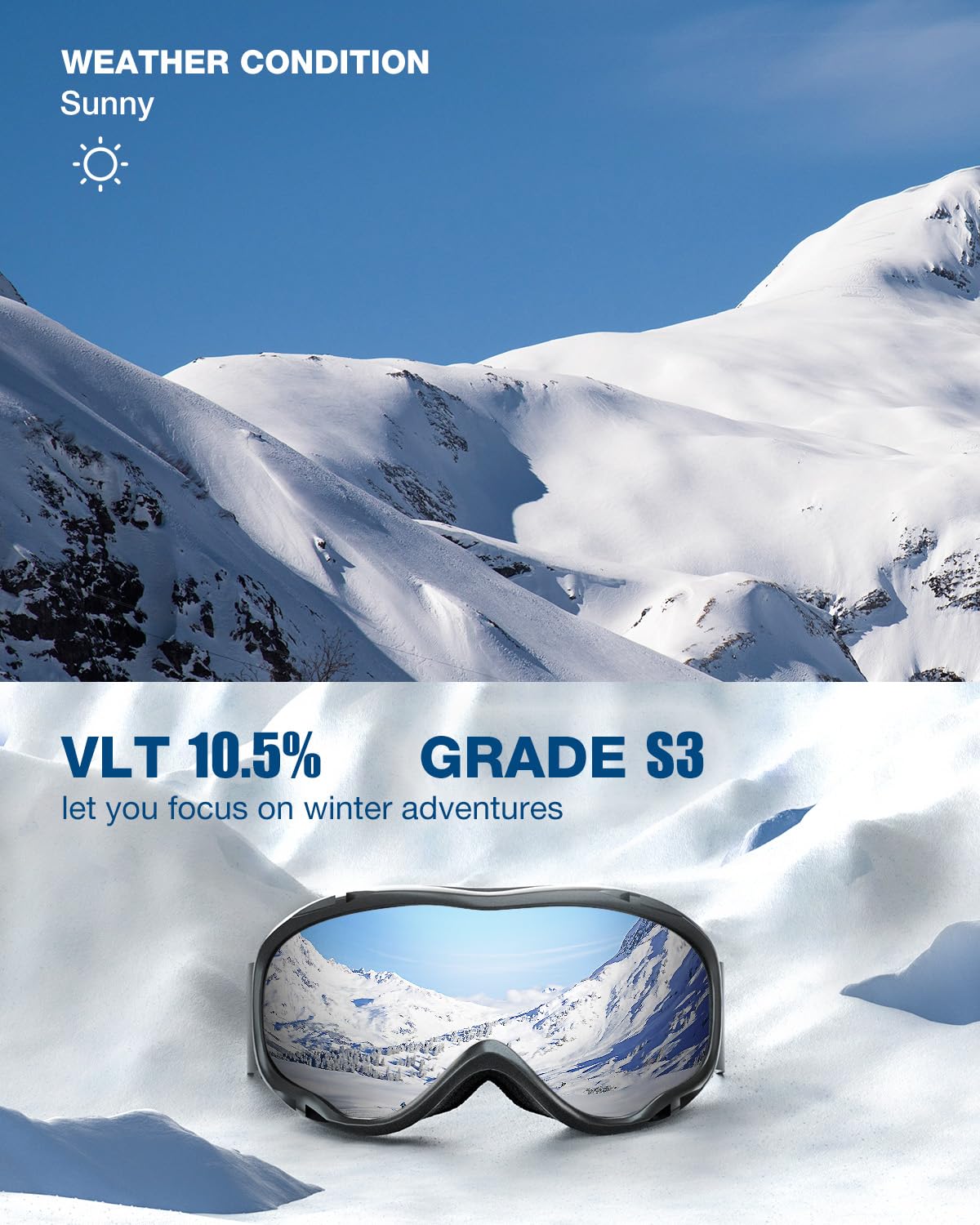 ZIONOR Lagopus B1 - Occhiali da sci OTG anti appannamento, protezione UV, occhiali da snowboard per uomini, donne, adulti e giovani