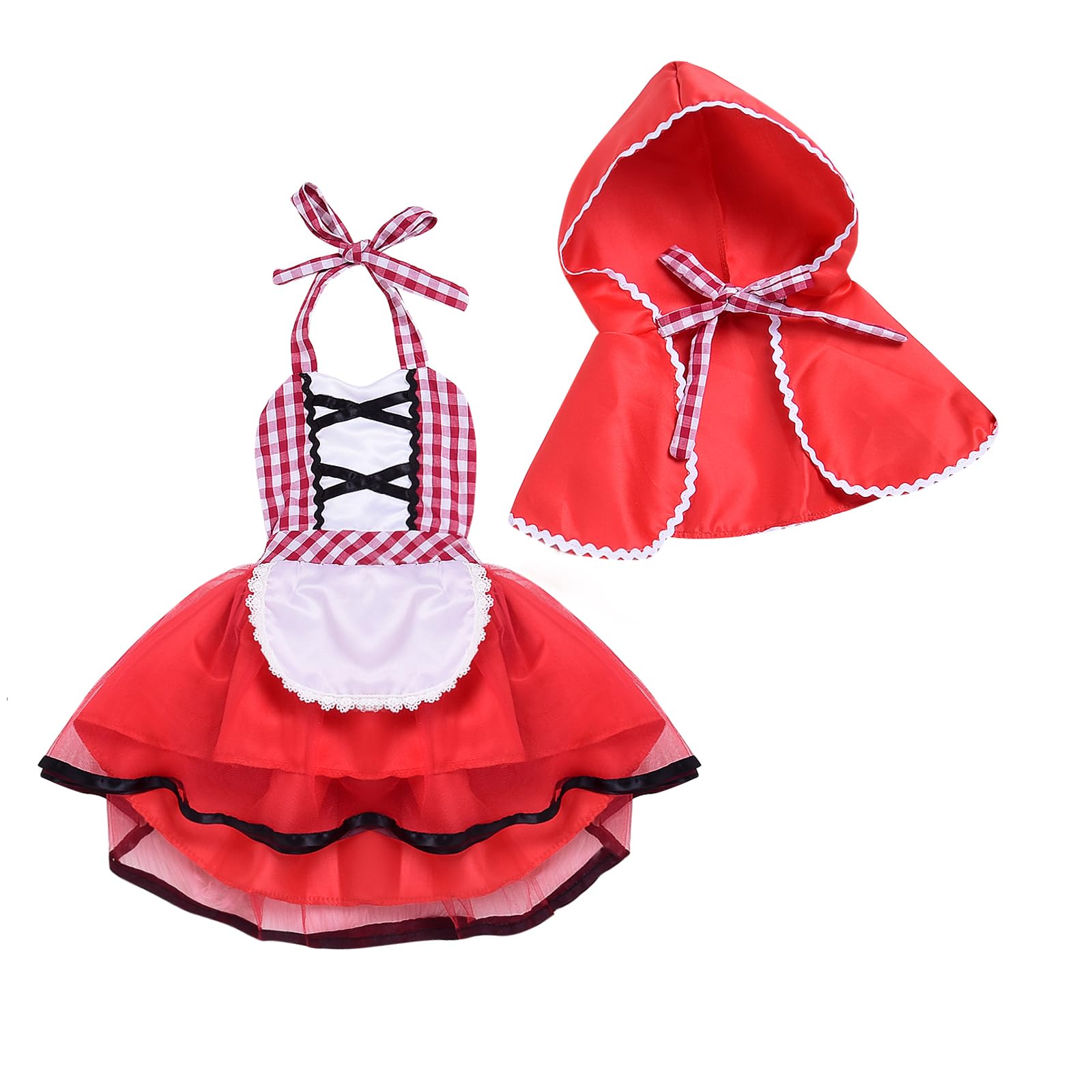 Baby Girls Little Red Riding Hood Costume Set with Hooded Cloak Infant Toddler Princess Fairy Tale Carnival Dress Outfit for Halloween Christmas Cosplay Photo Shoots (Red, 6-12m)