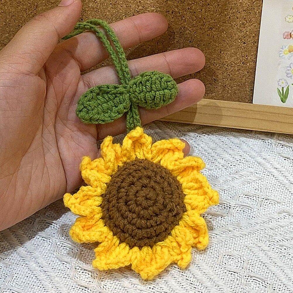 Décoration Voiture Tournesol Au Crochet - Ornement Tableau De Bord Avec Ressort Et Adhésif Double Face, Jaune Et Vert