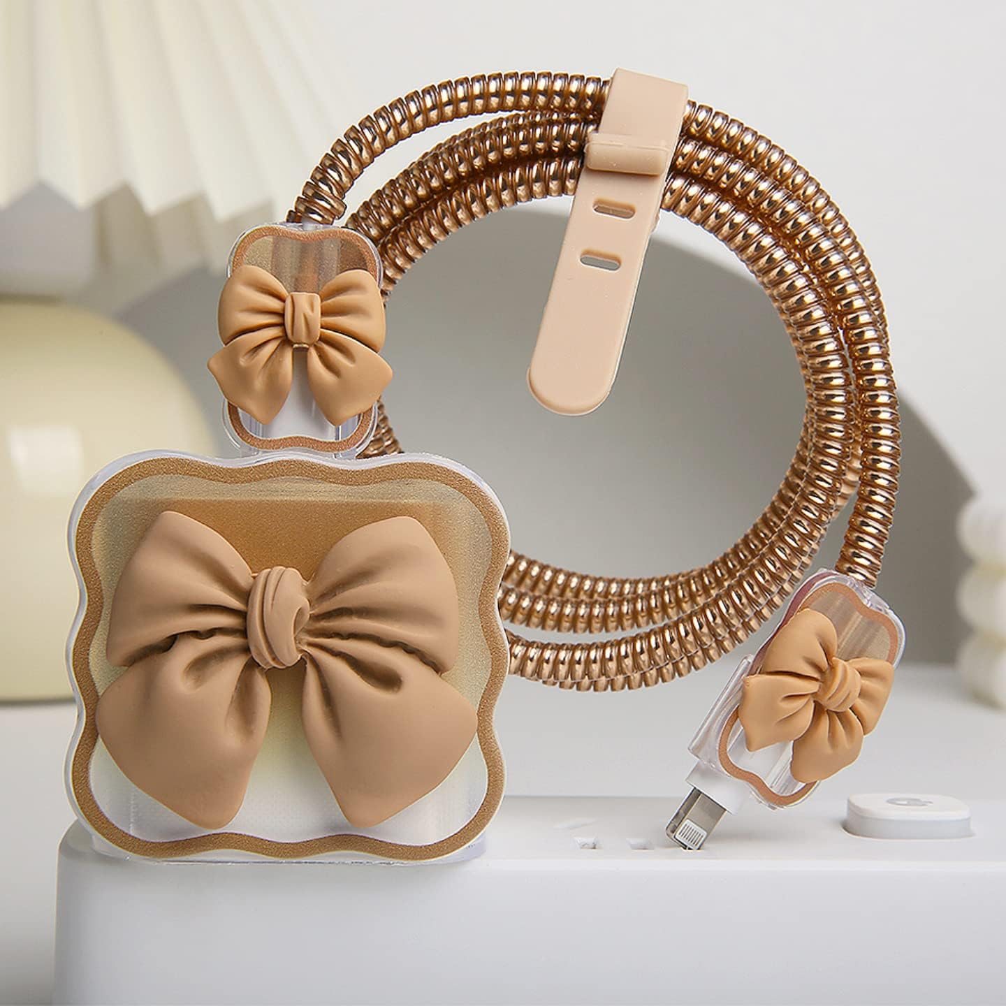 Compatible with iPhone 18W/20W USB-C Charger Cover Cute 3D Bow Tie Design Clear Soft Charger Protector Kawaii Cable Saver for iPhone 11 12 13 14 Pro Max Fast Power Adapter, Brown 2 (5in1) image 4