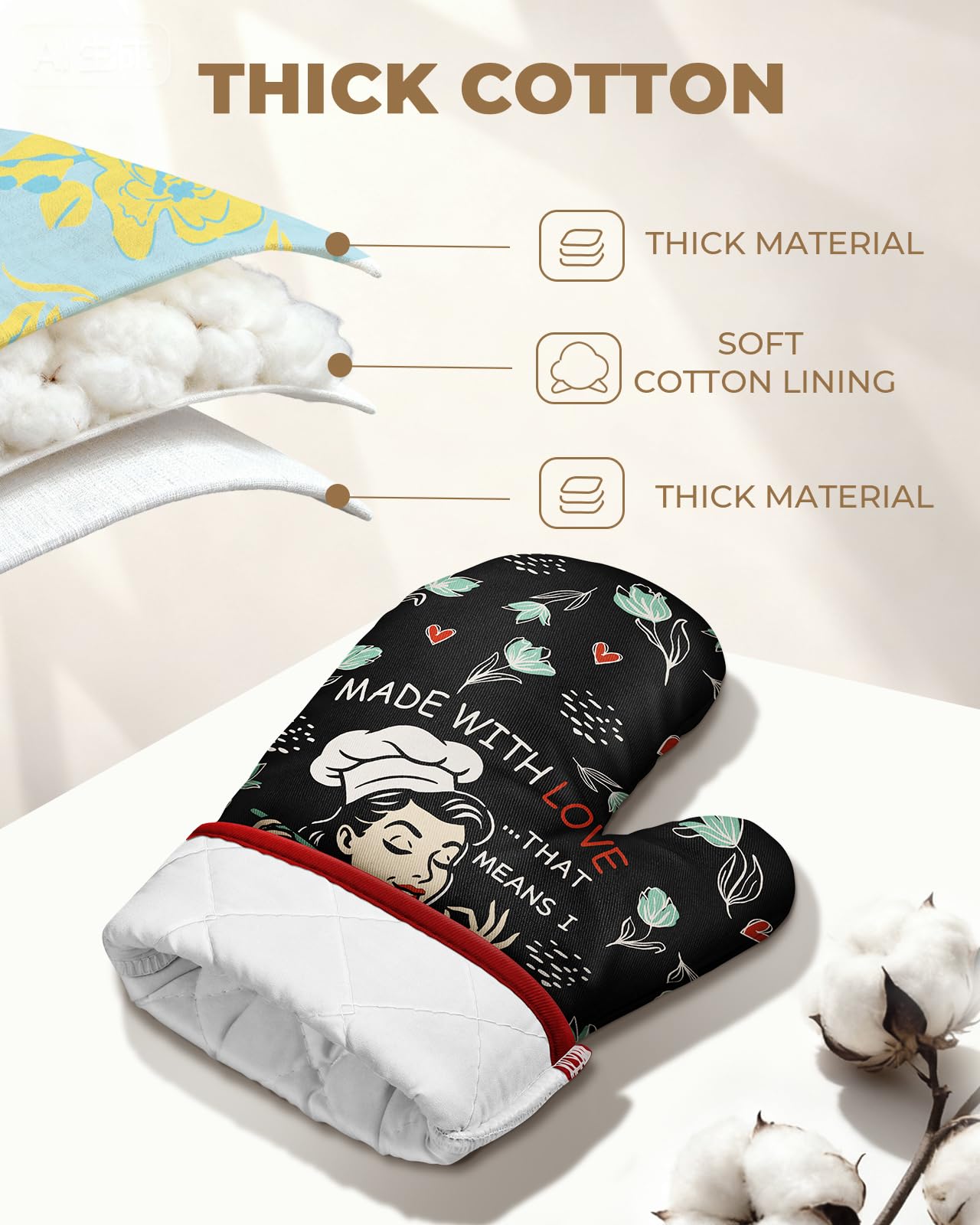 Slohif Lustiger Ofenhandschuh, hitzebeständig für Frauen, 1 Packung, schwarz, niedliche Neuheit, coole Küchenofenhandschuhe mit 100 % Baumwolle für Back- und Kochzubehör (Made with Love)