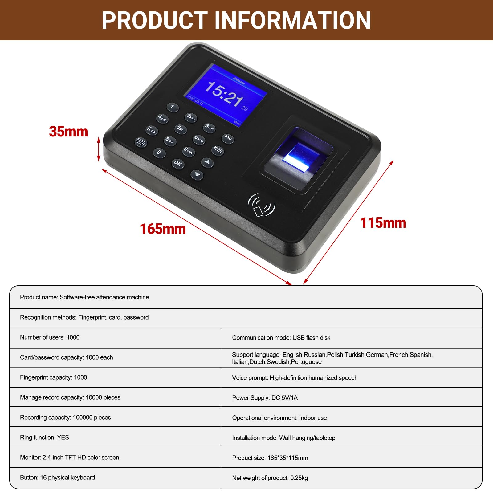 Time Clock for Small Business, Biometric Clocking in Machine with Fingerprint/RFID/PIN – Staff Attendance System for Office Factory, Includes 10 RFID Cards & 8GB U-Disk, No Monthly Fees — view 2