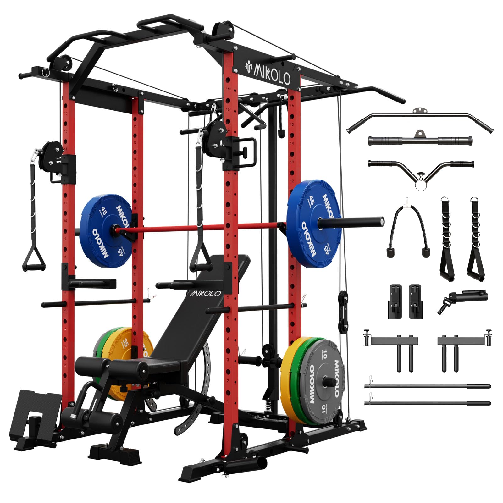 Mikolo Power Cage, Power Rack with Cable Crossover System, 1500LBS Squat Rack with LAT Pull Down System, Workout Cage with Pulley System for Fitness Home Gym