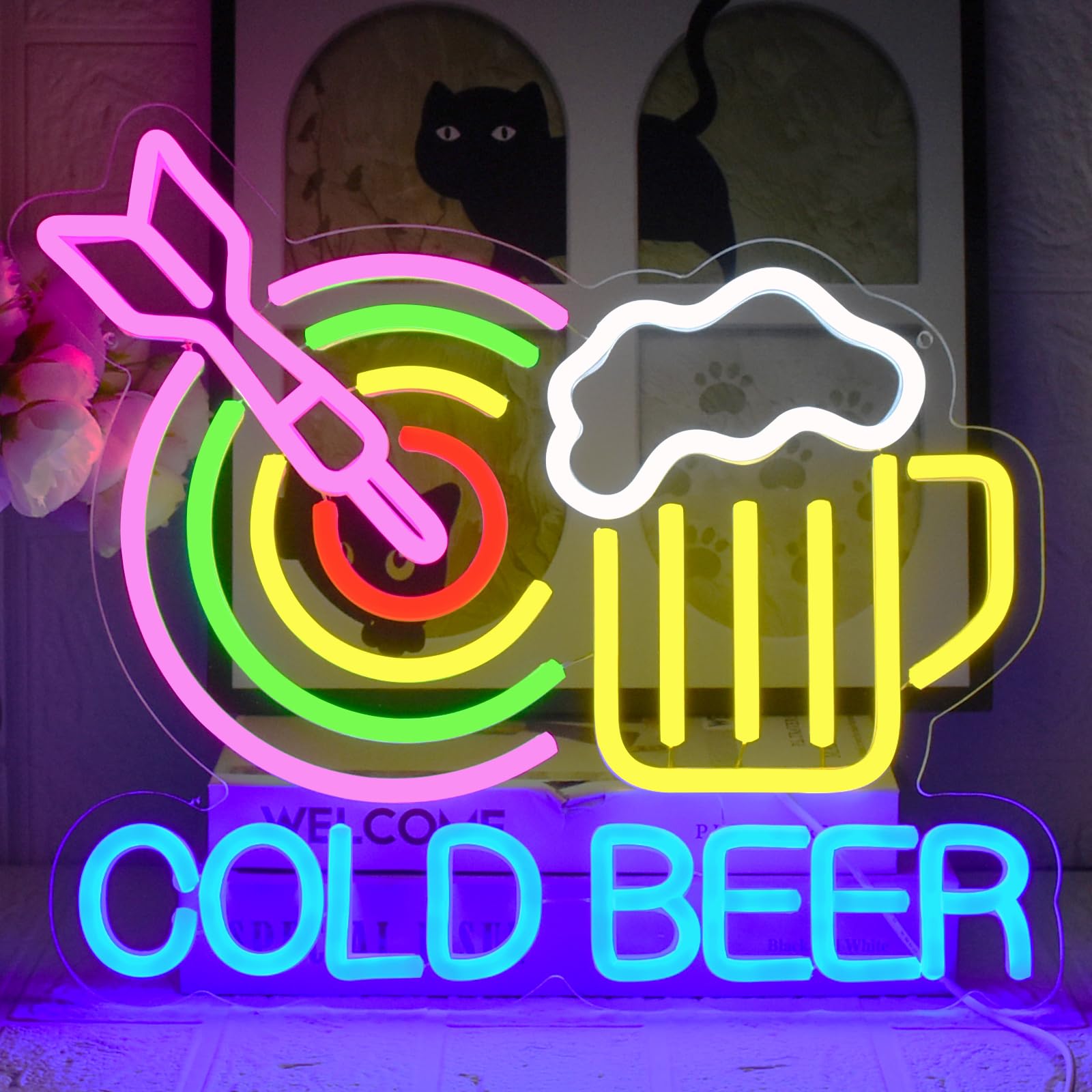 UExnkj-Y Cold Beer Neon, Neon Sign Darts, Led Bar Neon Darts Neon Dimmable Beer for Games Room Pub Bar Cafe Club Man Cellar Decoration
