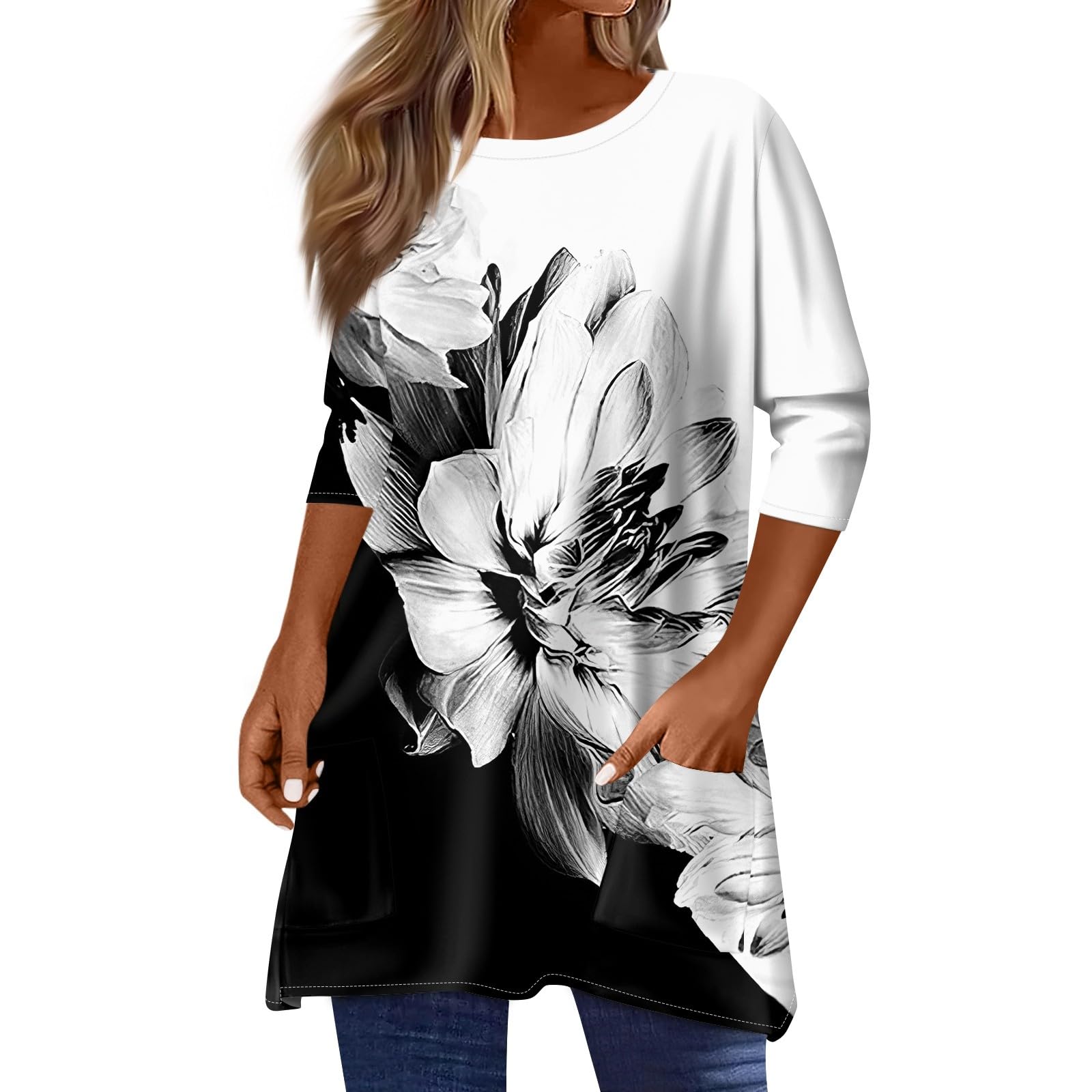 Womens Summer 3/4 Length Sleeve Tunic Tops Trendy Plus Size Flowy Long Sleeve Shirts Casual Elegant Floral Blouses