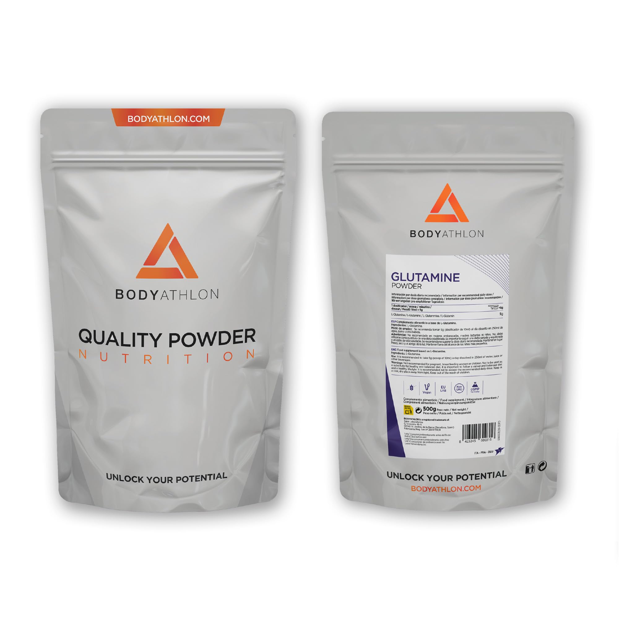 L-Glutammina in polvere 500g - aminoacido L-Glutammina dal sapore puro - 100 dosi di L-Glutammina vegana e senza glutine - Recupero muscolare - Bodyathlon