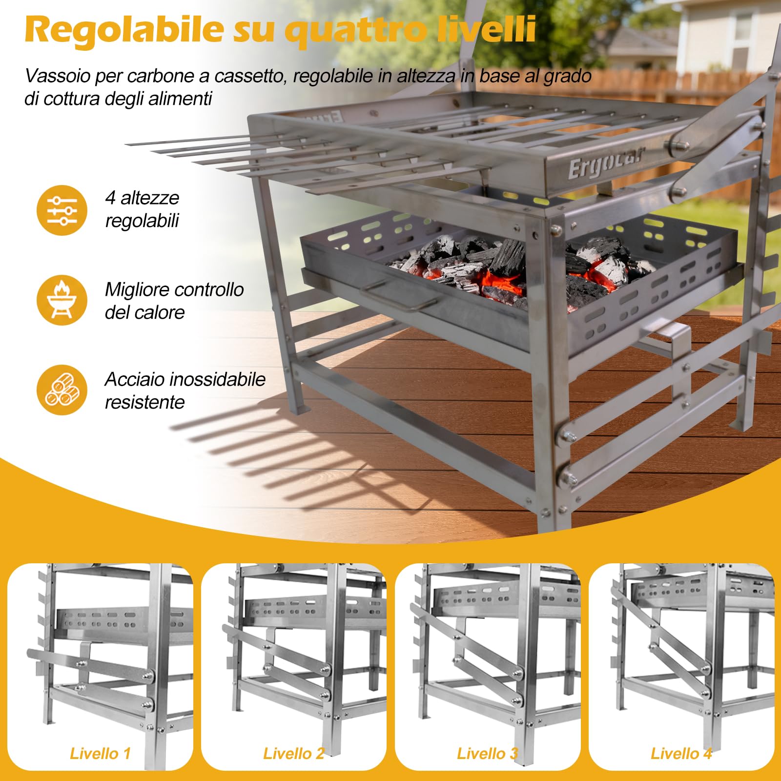 Ergocar Griglia a Carboneesterno In Acciaio Inossidabile Con Spiedini Portatile Girevole e Regolabile In Altezza 4 Ripiani Per Il Carbone Adatta Per Più Persone Ideale Per Picnic Campeggio e Grigliate