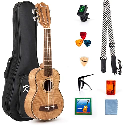 Kmise 21 Inch Soprano Ukulele, Classical Headstock Hard Lightweight Okoume Ukelele, Tiger Flame Ukulele for Adult Beginners, Kids with Uke Gig Bag, Tuner, Strap, Replacement Strings, Capo Picks, etc