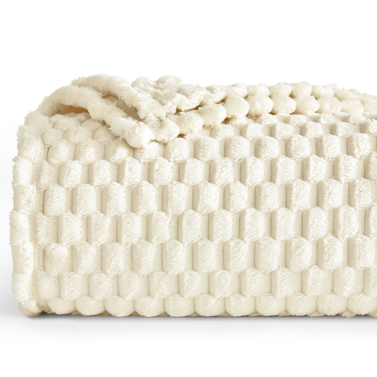 David's Home Ultra Cozy Fleece Blanket King Size, Fluffy Soft Lightweight 3D Jacquard Flannel Breathable Blanket Durable for All Seasons, Elegant Layer for Bed Couch Home Room Decor, Cream