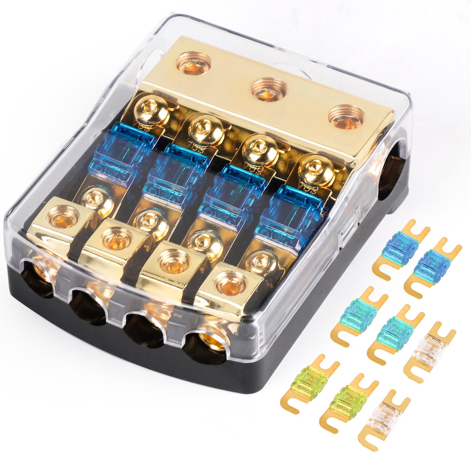 SWAWIS Mini ANL Sicherungshalter 4 Wege, Mit 0/4 Gauge Eingang und 4/8 Gauge Ausgang, Sicherungskasten für 30A-100A Sicherungen, KFZ Sicherungshalter für Auto Audio und Autobatterie