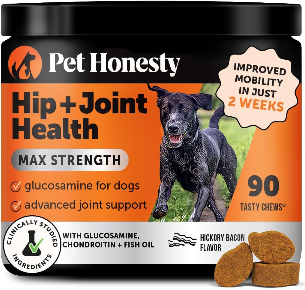 Max Strength Hip + Joint Supplement Glucosamine Chondroitin for Dogs - Advanced Joint Support with MSM & Calcium Fructoborate - Fast Acting Mobility + Stiffness for Large Dogs & Seniors (Bacon 90 Ct)