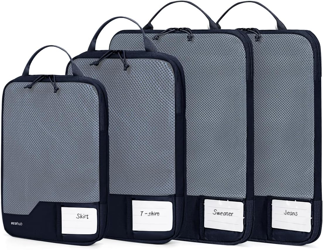 ECOHUB 4pcs Compression Packing Cubes, Suitcases Organiser Bag with Tag, Recycled Travel Bags Organiser for Backpack, Tear-resistant Packing Organiser for Carry On Luggage, Dark Blue (Patent Pending)