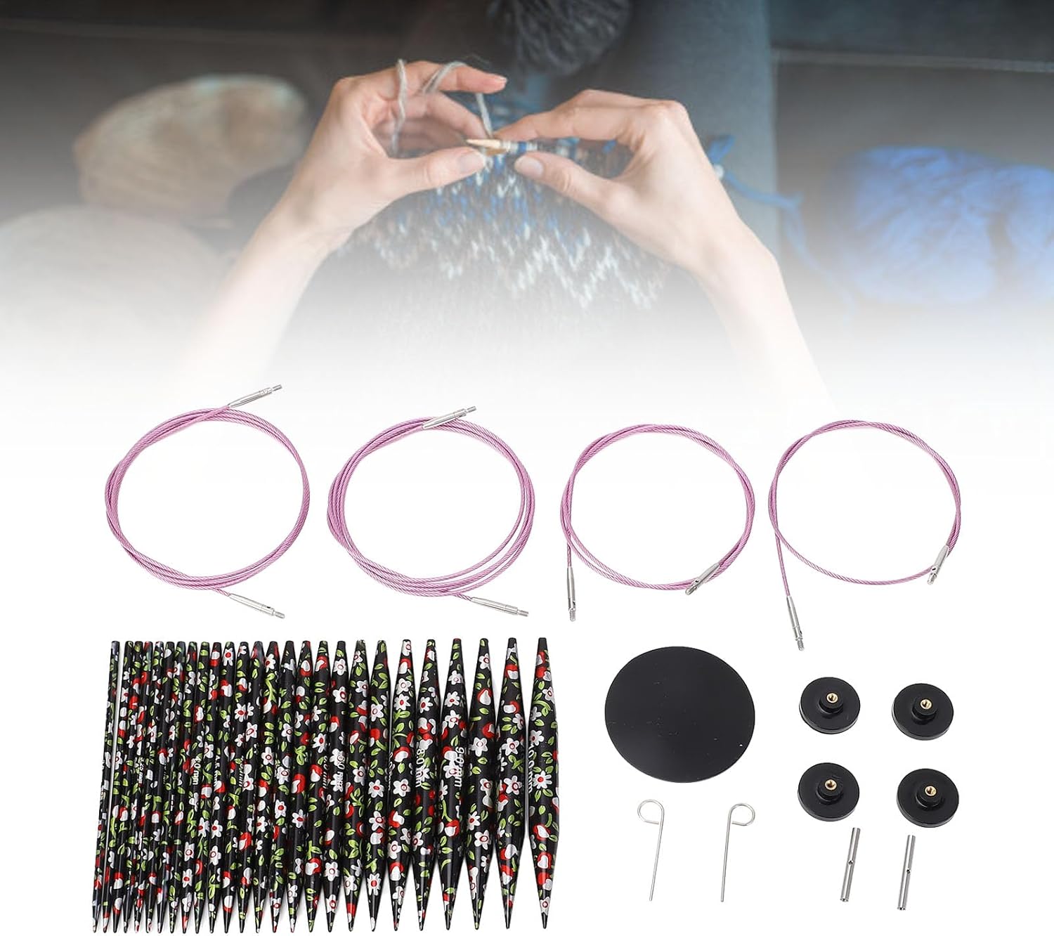 Dpofirs Interchangeable Knitting Needles Set, Circular Needles, 26 Pairs, 2 Adapters, 2 P Shaped Needles, 4 Buttons, 4 Cables, Aluminum, Brown PU Storage Bag