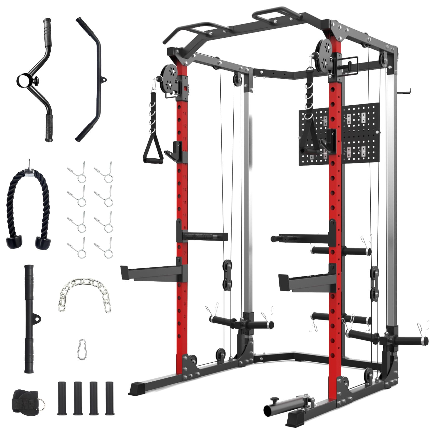 Power Cage, 2000 LBS Squat Rack with Cable Crossover System, Multifunctional Weight Cage with LAT Pulldown, Workout Cage with Adjustable Safety Bars for Home Gym, Red