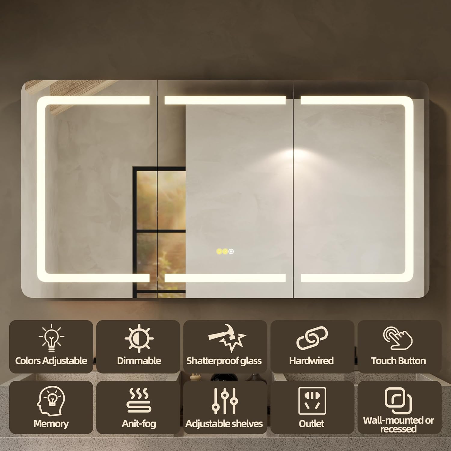 60''x32'' LED Bathroom Mirror Cabinet with Lights, Wall Mounted or Recessed Medicine Cabinet, Dimmable Front& Anti-Fog, Adjustable Shelves, Modern Aluminum Storage Cabinet (60x32 in | 3 Doors)