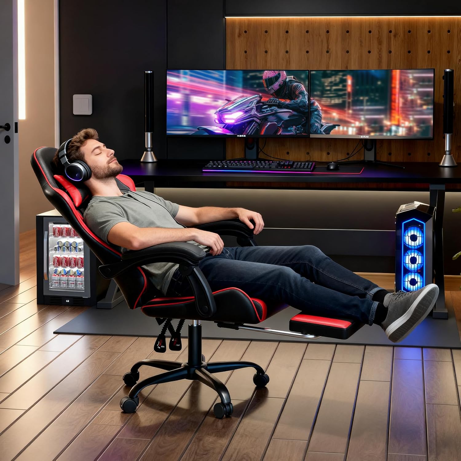 Magshion Gaming Chair, Ergonomic Computer Chair with Linkage Armrests, Height Adjustable Video Game Chair with Footrest and Headrest for Silla Gamer and Adults, 350 Lbs Capacity, Red