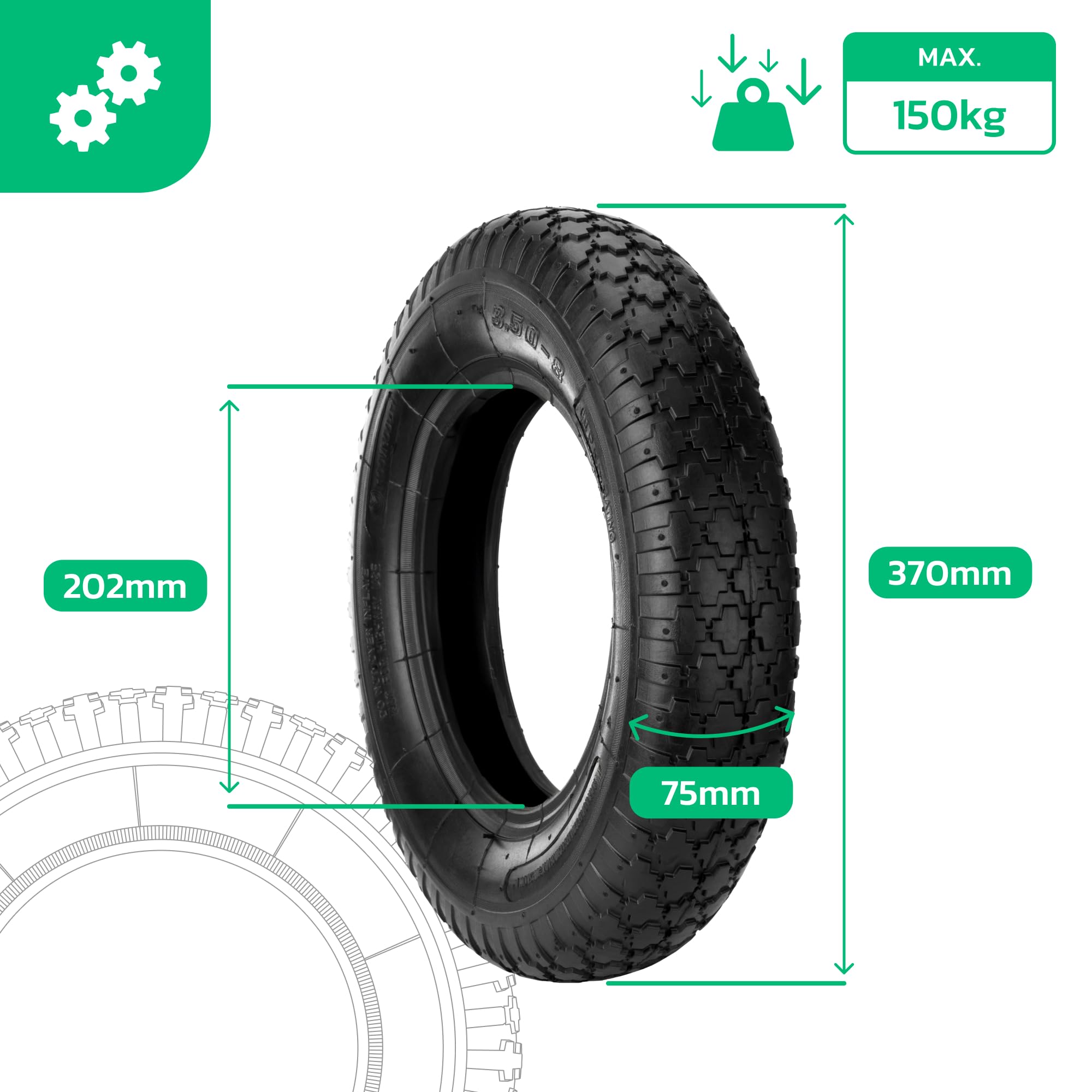 MOOVMOOV Pneu Brouette 3.50-8 avec Chambre à air Valve Droite TR13 - Pneu de Brouette 4PLY Renforcé - Installation Simple et Rapide - Compatible Pour Roue 3.50-8 - Not for Highway Use