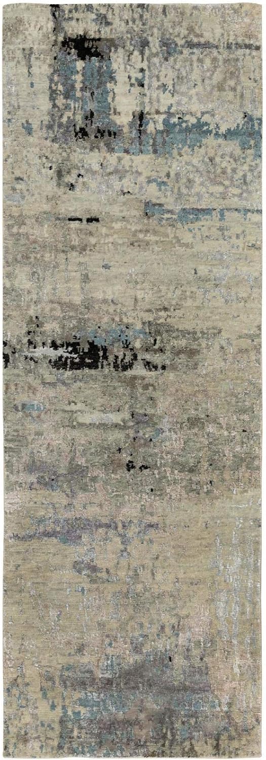 Wool & Silk Abstract Design Modern Silver Blue Hand Knotted Oriental Runner Rug (2'5"x7'9")