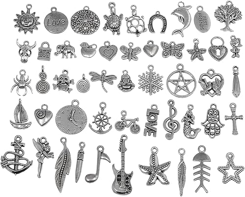 RUBYCA 50 dijes de plata mezclados a granel para hacer joyas pulseras pequeñas para collares color plateado envejecido como en la imagen Mix1