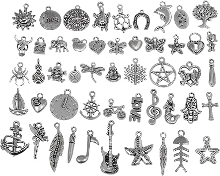 RUBYCA 50Pcs Bulk Mixed Silver Charms for Jewelry Making Bracelet Small Pendants for Necklace Antiqued Silver Color - Just Like the Picture Mix1
