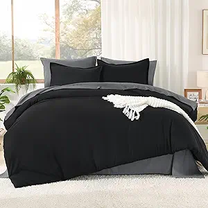 Litanika Comforter California King Size Set Black Grey - 7 Pieces Bed in a Bag California King Bedding Comforter Sets, Plain Lightweight Bed Set with Comforter, Sheets, Pillowcases & Shams