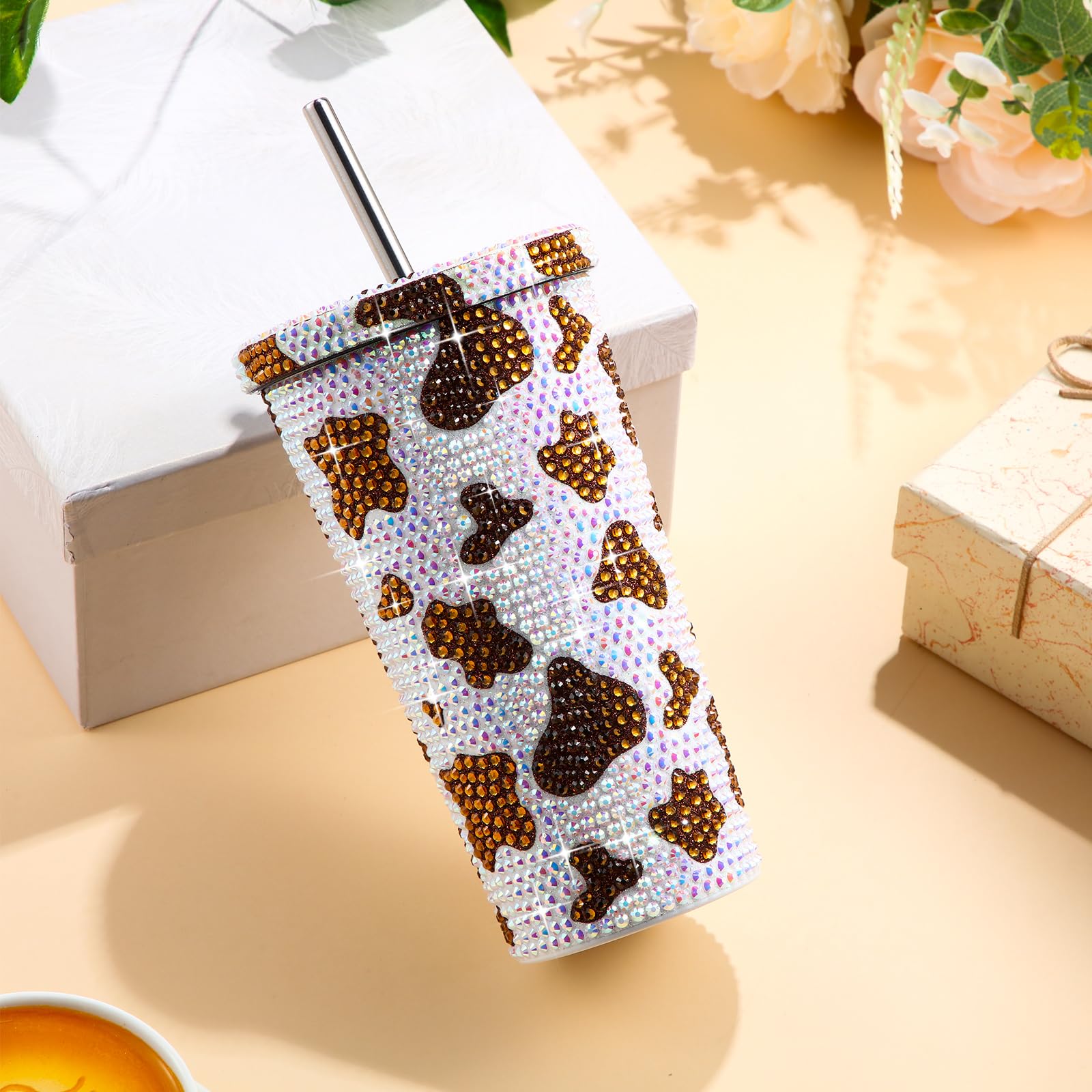 Personalized Cow Print Tumbler With Initial Letter - Glitter Black & White 20oz Stainless Steel Insulated Cup, Unique Gift For Women - View #7