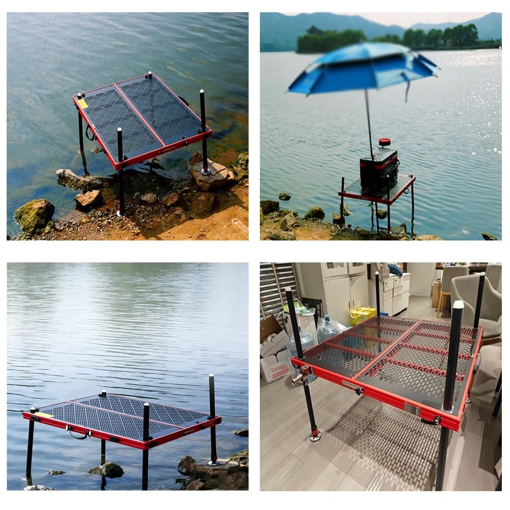 Piattaforma da Pesca in Lega di Alluminio ad Altezza Regolabile for Tutti i Terreni - Dock Portatile Pieghevole con Superficie Antiscivolo(100x90cm)