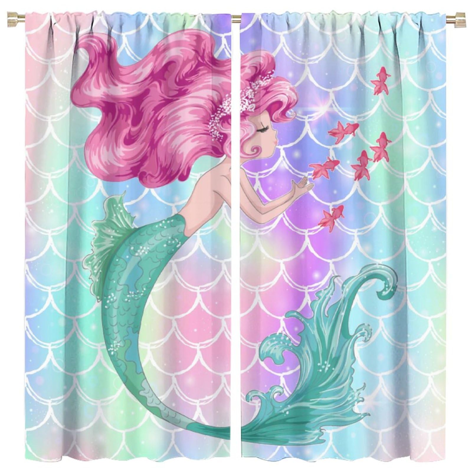 SENQIAN Cartoon Mermaid Curtains for Baby Girls Home Party Decor Nature Ocean Rainbow Scales Rod Pocket Blackout Window Drapes for Kitchen Living Room Bedroom W26xL84in 2 Panels