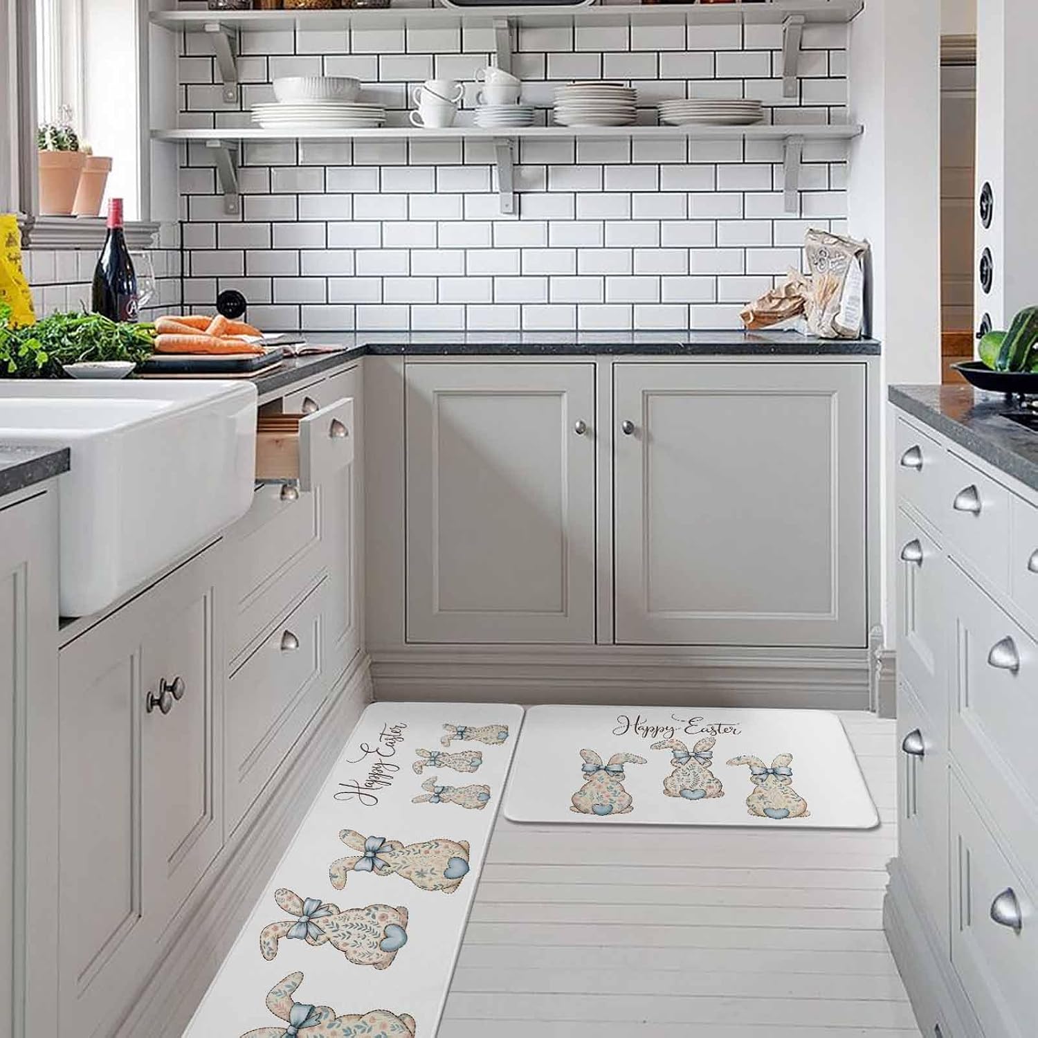 Happy Easter Rabbits Kitchen Rugs and Mats Set of 2, Non-Slip Kitchen Sink Mat, Spring Bunny Flowers Love Watercolor Washable Doormat Bathroom Rugs Runner for Bedroom 15.7"x23.6"+15.7"x47.2"
