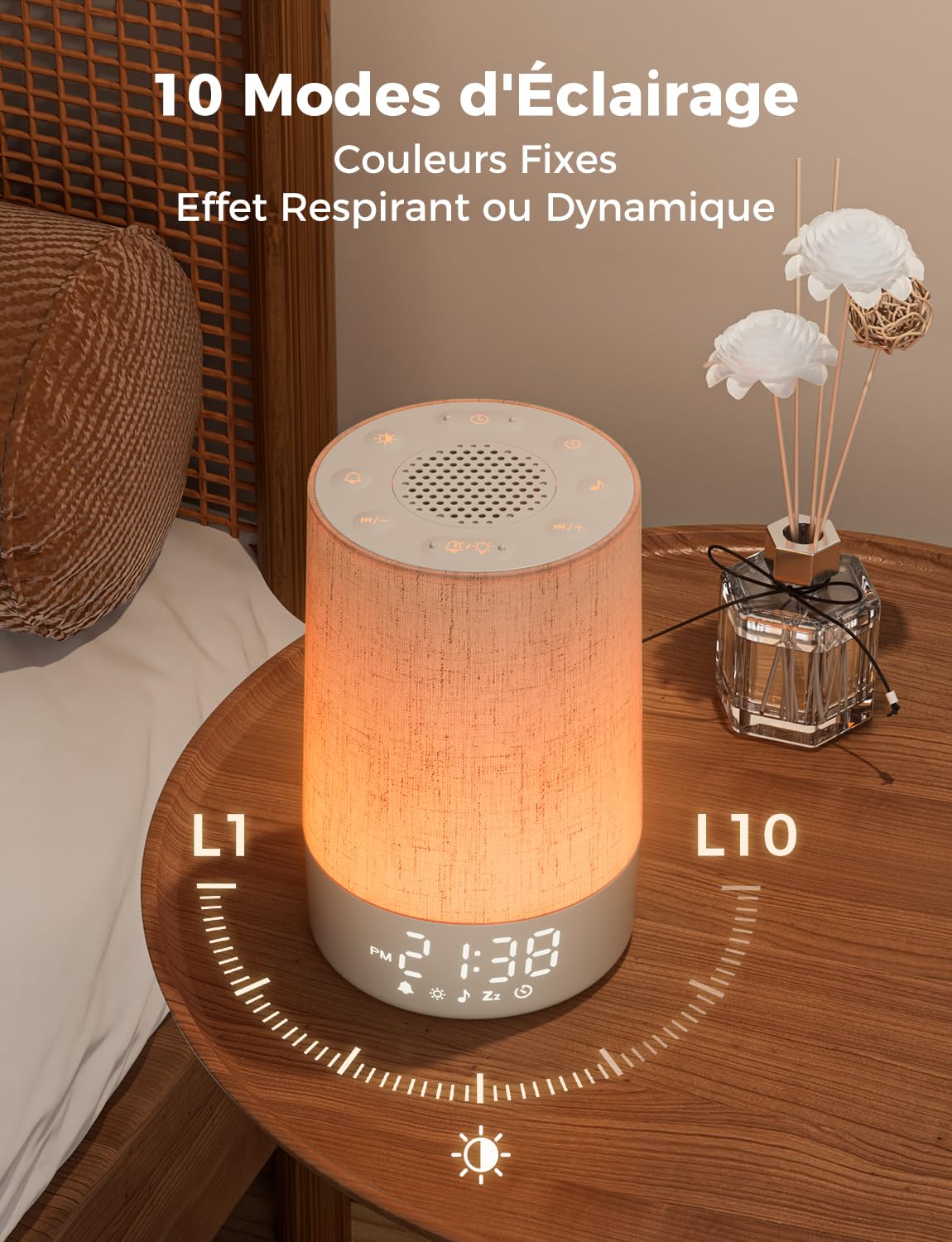 LIORQUE Reveil Simulateur d'Aube, Réveil Lumineux avec 30 Sons Apaisants, Bruit Blanc, 10 Niveaux de Luminosité, 8 Veilleuses et Minuteur de Sommeil - Design en Tissu, Idéal Adultes et Enfants