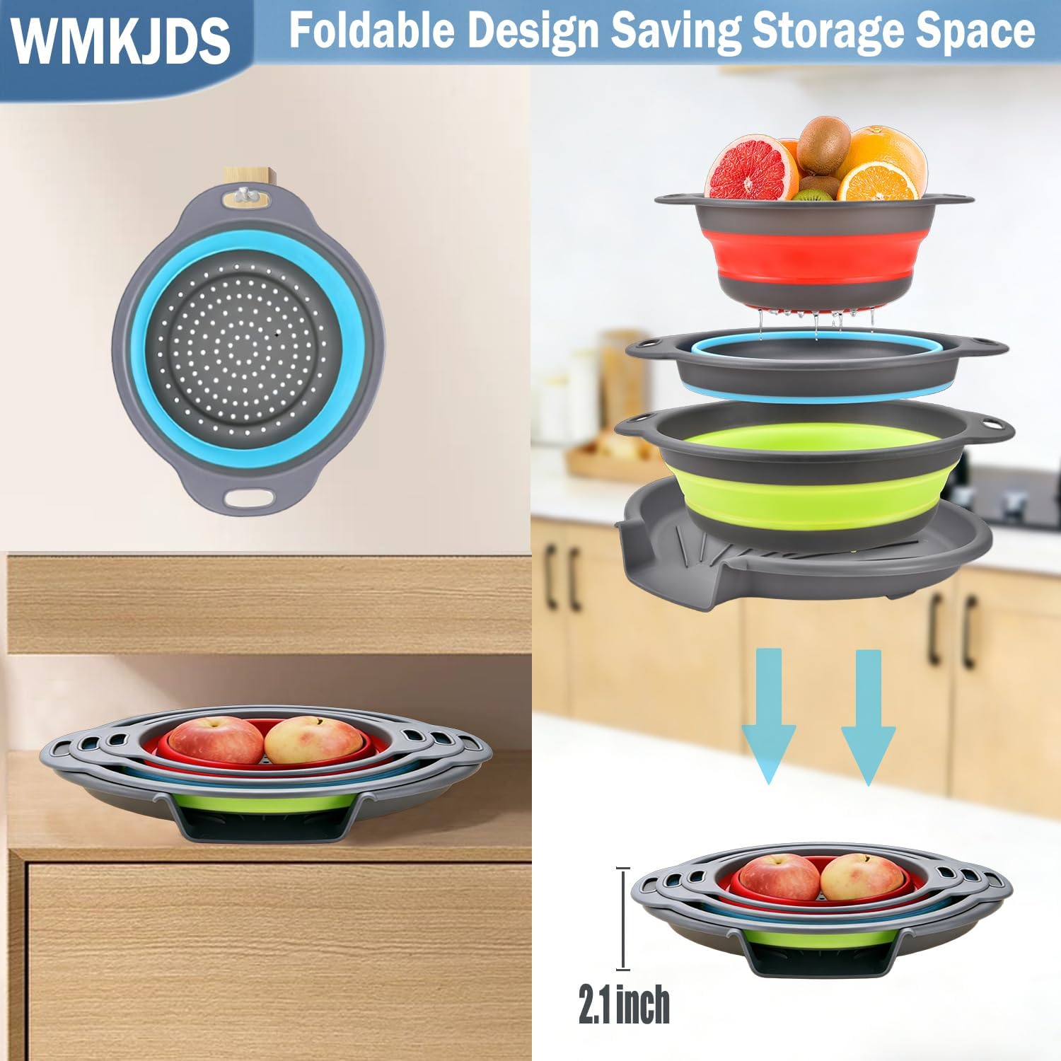Collapsible Colanders Food Strainers, 3-Pack Foldable Kitchen Strainers with Over-Sink Water Draining Tray, Space Saving Kitchen Drainer for Vegetables, Fruit, Pasta and Rice (Blue-Red-Green-Gray)