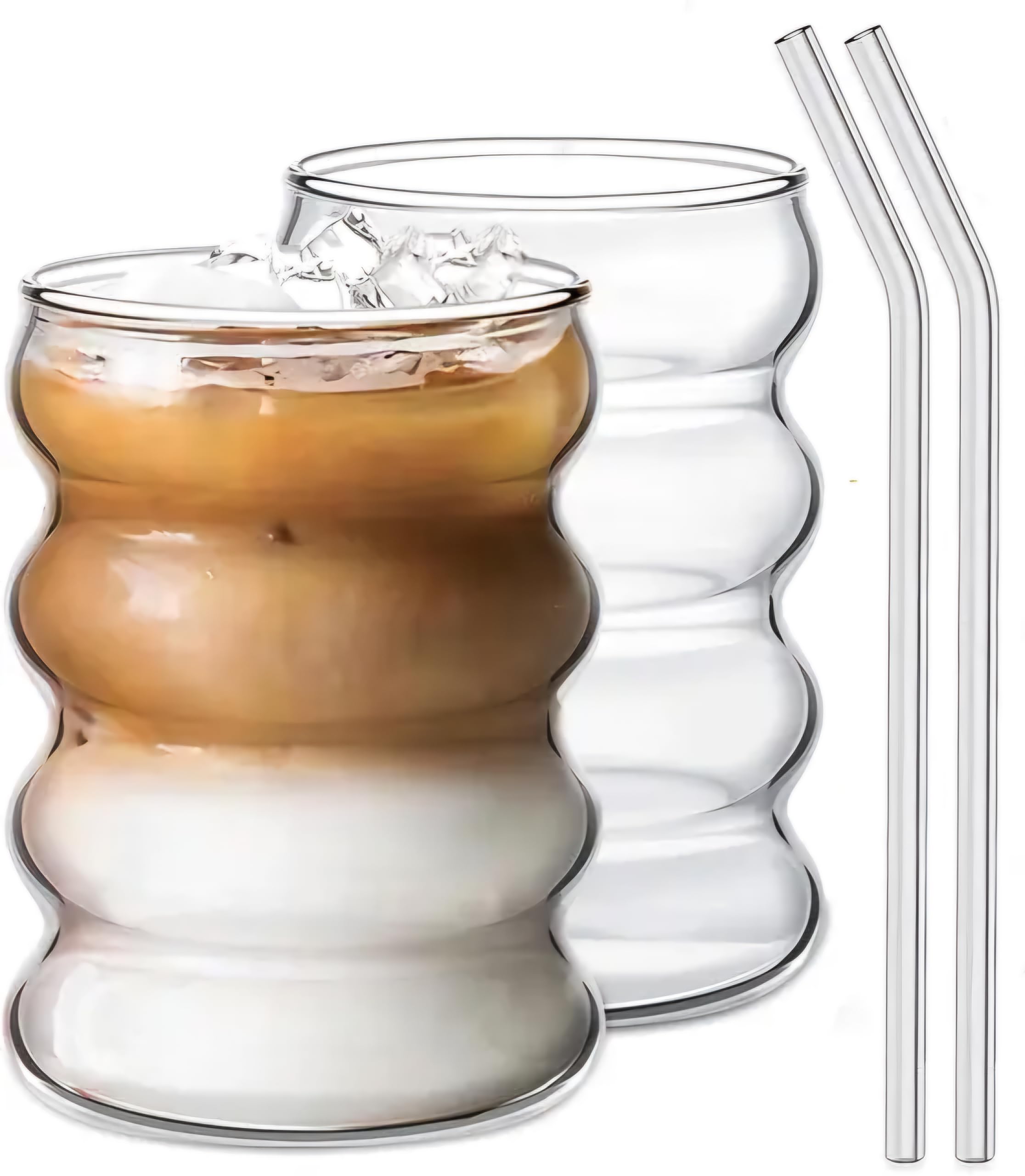 KiKiluxxa Ribbed Glass Cups with Straw -Pack of 2 - Vintage Drinking Glassware with Wave Shape Design, Bubble Cups for Iced Coffee, Juice, Beverage, Milk, Cocktails (SVilost Can 2)