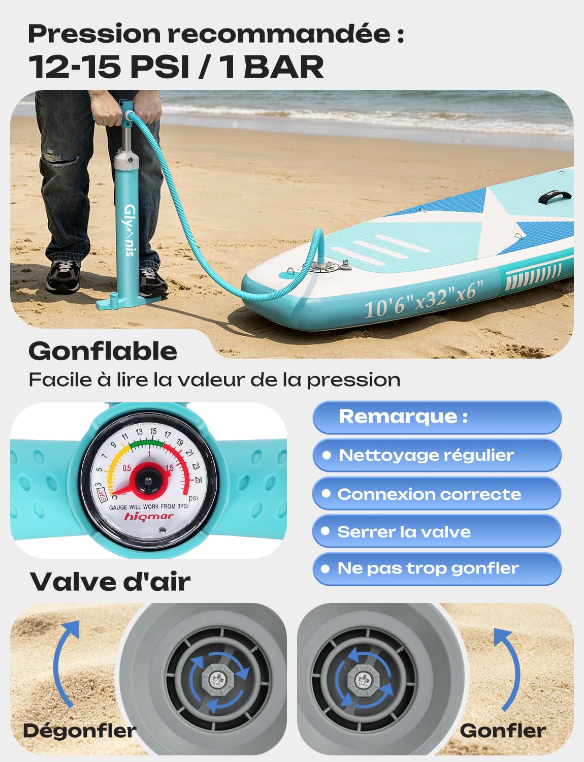 Glymnis Sup Board Stand Up Paddling Board Gonflable Stand Up Paddle Board Set 10'6 "320x80x15cm 6 Pouces d'épaisseur avec Pompe à air à pagaie en Aluminium et Accessoires complets