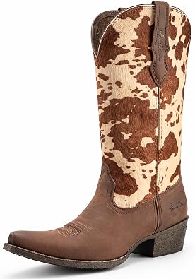 Montana West Cowboy Boots for Women, Genuine Leather Western Mid-Calf Boots, Embroidered Pointed Toe Boot with Cow Print Shaft for Country Concerts, Ranch & Outdoor Activities